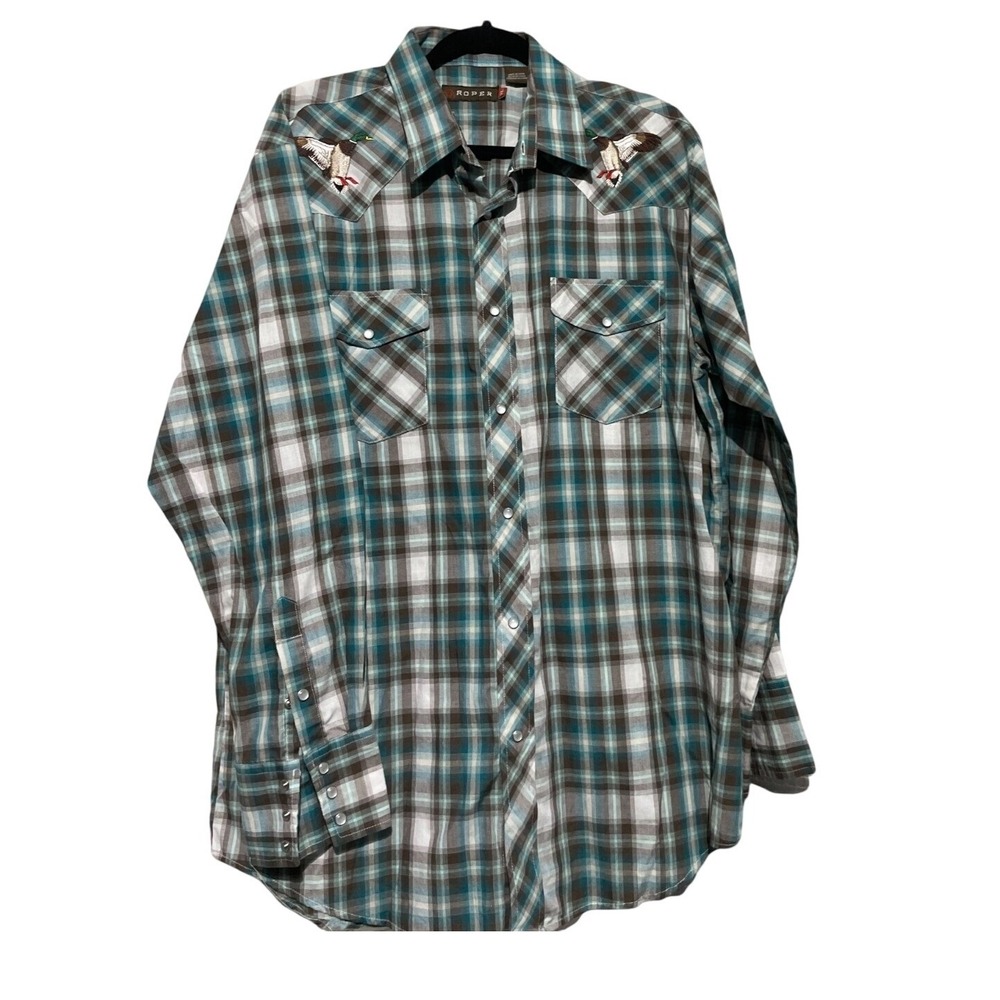 Roper Mens XL Western Pearl Snap Shirt Plaid Mallard Duck Embroidery‎ Teal Brown